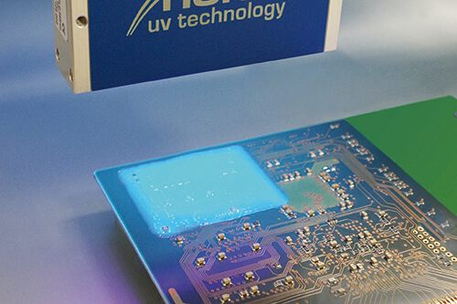 Epoxy glue from Panacol is beeing cured as conformal coating with LED lamp